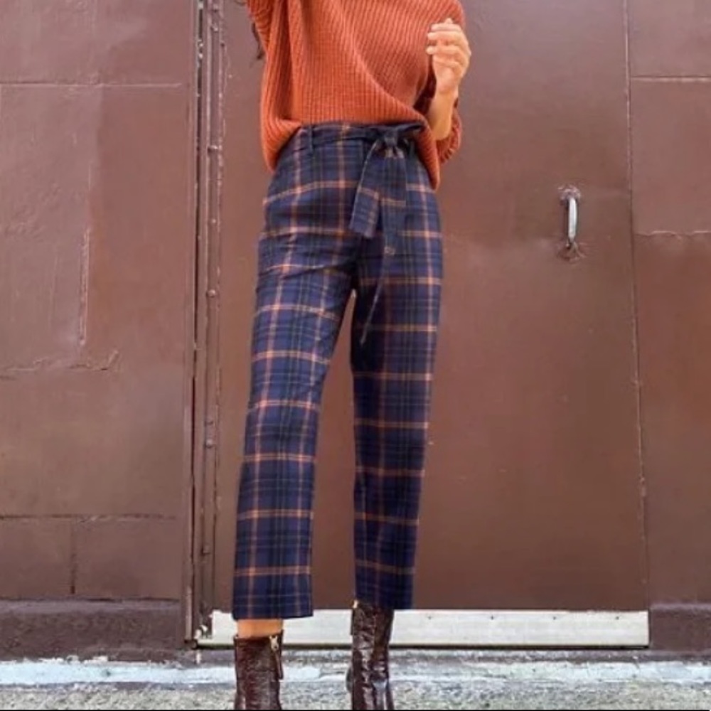 Aritzia Wilfred Wool Tie-Front Pants in Navy/Orange Plaid